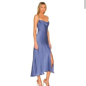 ASTR slate blue satin bridesmaid dress